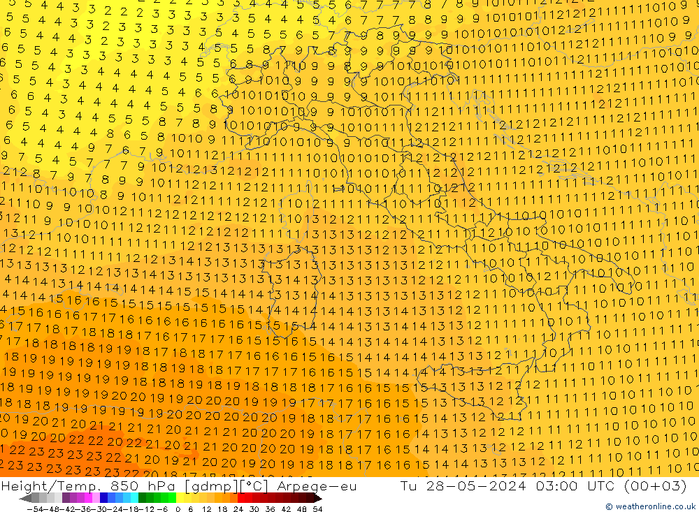 Height/Temp. 850 hPa Arpege-eu wto. 28.05.2024 03 UTC