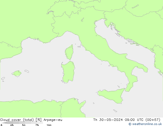 Bewolking (Totaal) Arpege-eu do 30.05.2024 09 UTC
