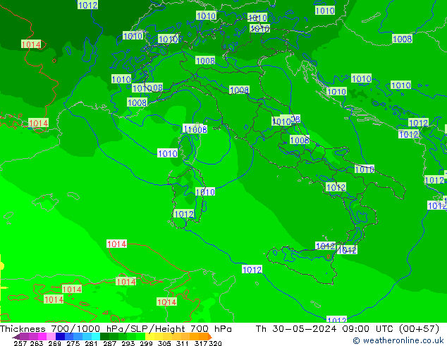 Thck 700-1000 hPa Arpege-eu jeu 30.05.2024 09 UTC