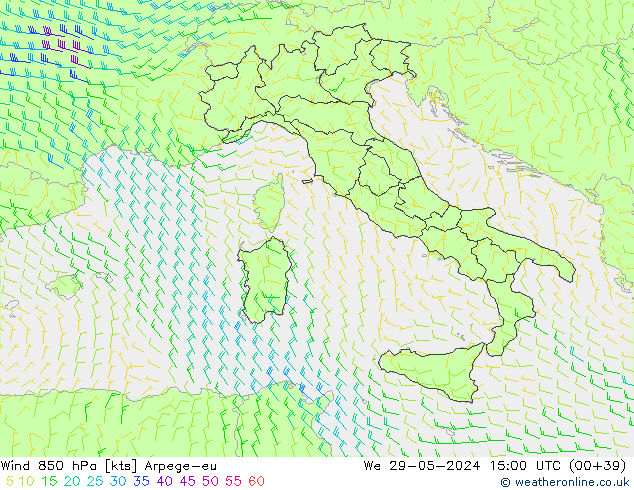 Vento 850 hPa Arpege-eu Qua 29.05.2024 15 UTC