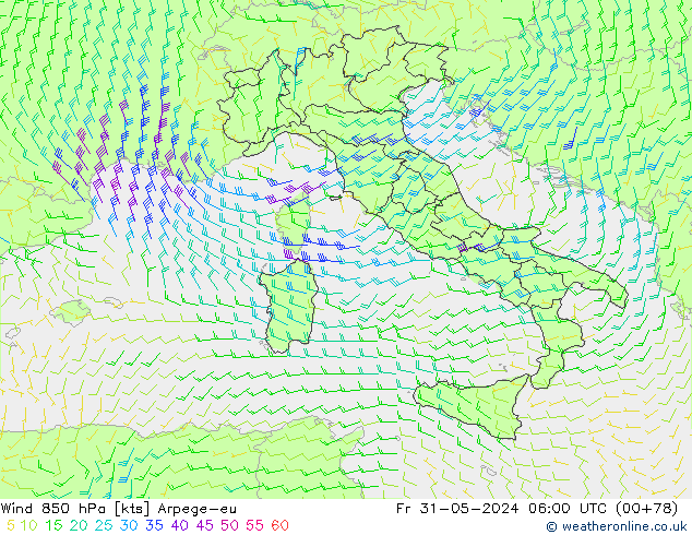 Wind 850 hPa Arpege-eu Fr 31.05.2024 06 UTC