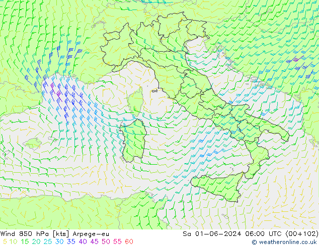 Viento 850 hPa Arpege-eu sáb 01.06.2024 06 UTC