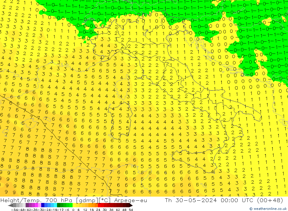 Yükseklik/Sıc. 700 hPa Arpege-eu Per 30.05.2024 00 UTC