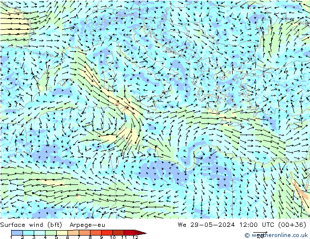 Viento 10 m (bft) Arpege-eu mié 29.05.2024 12 UTC