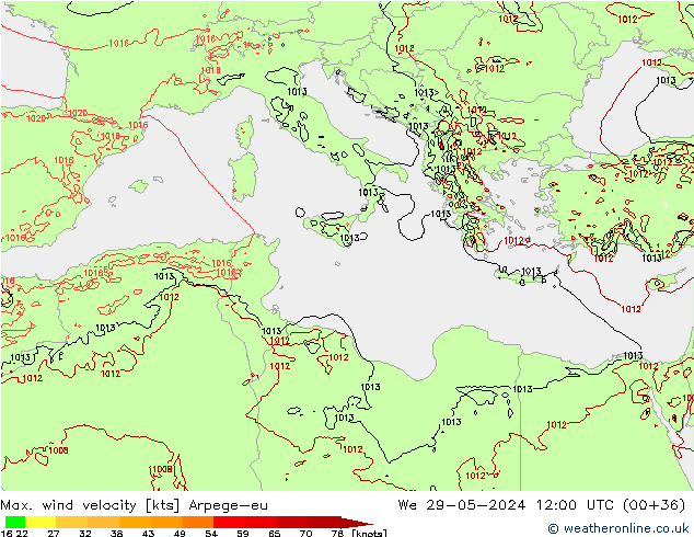 Max. wind velocity Arpege-eu mié 29.05.2024 12 UTC