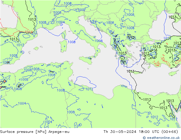 Pressione al suolo Arpege-eu gio 30.05.2024 18 UTC