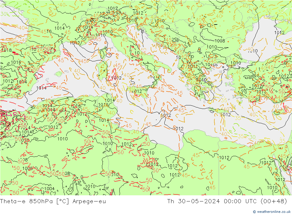Theta-e 850hPa Arpege-eu gio 30.05.2024 00 UTC