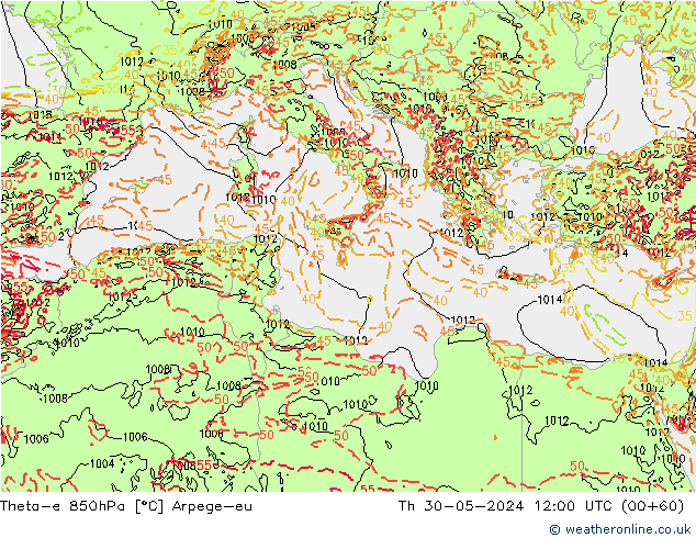 Theta-e 850hPa Arpege-eu jeu 30.05.2024 12 UTC