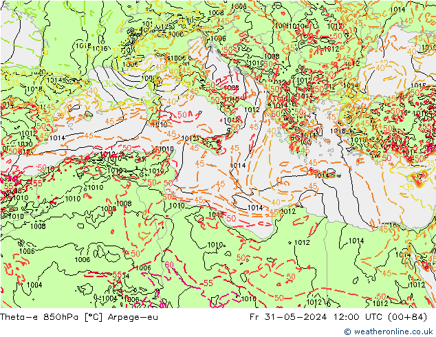 Theta-e 850hPa Arpege-eu Sex 31.05.2024 12 UTC