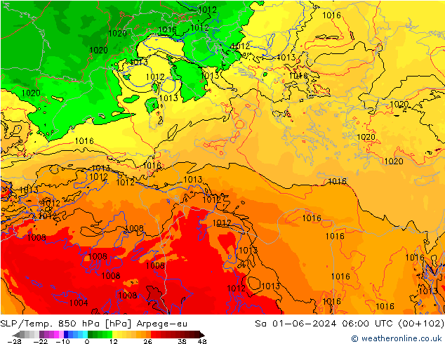 SLP/Temp. 850 hPa Arpege-eu Sáb 01.06.2024 06 UTC