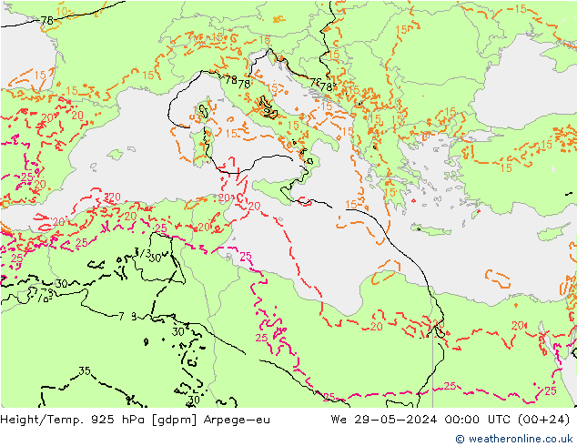 Height/Temp. 925 hPa Arpege-eu Qua 29.05.2024 00 UTC