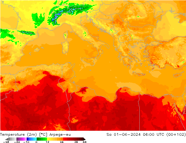 mapa temperatury (2m) Arpege-eu so. 01.06.2024 06 UTC