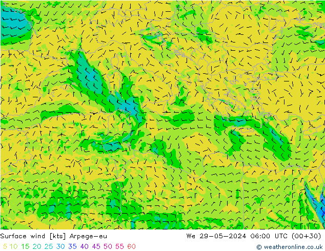 Vento 10 m Arpege-eu mer 29.05.2024 06 UTC