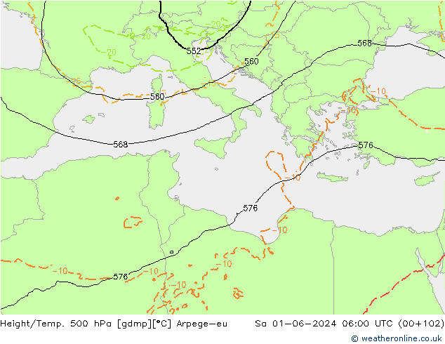 Height/Temp. 500 hPa Arpege-eu Sa 01.06.2024 06 UTC