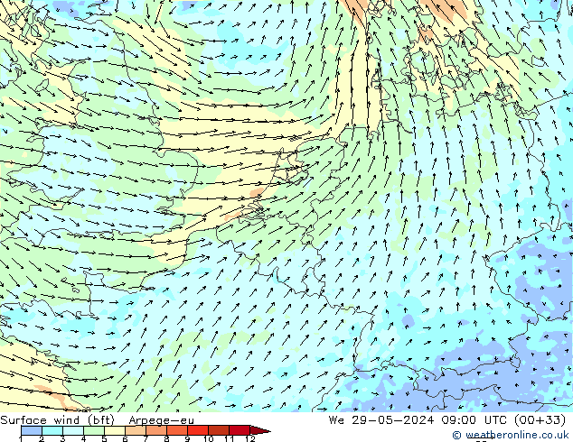 Surface wind (bft) Arpege-eu We 29.05.2024 09 UTC