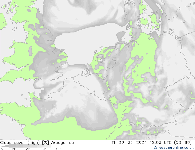 Cloud cover (high) Arpege-eu Th 30.05.2024 12 UTC
