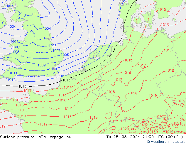 Atmosférický tlak Arpege-eu Út 28.05.2024 21 UTC