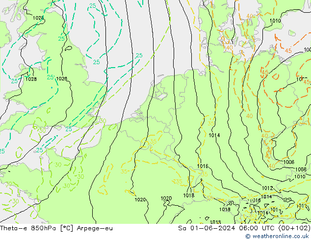 Theta-e 850hPa Arpege-eu  01.06.2024 06 UTC