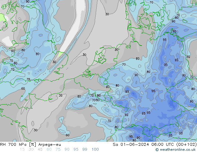 RH 700 hPa Arpege-eu Sáb 01.06.2024 06 UTC