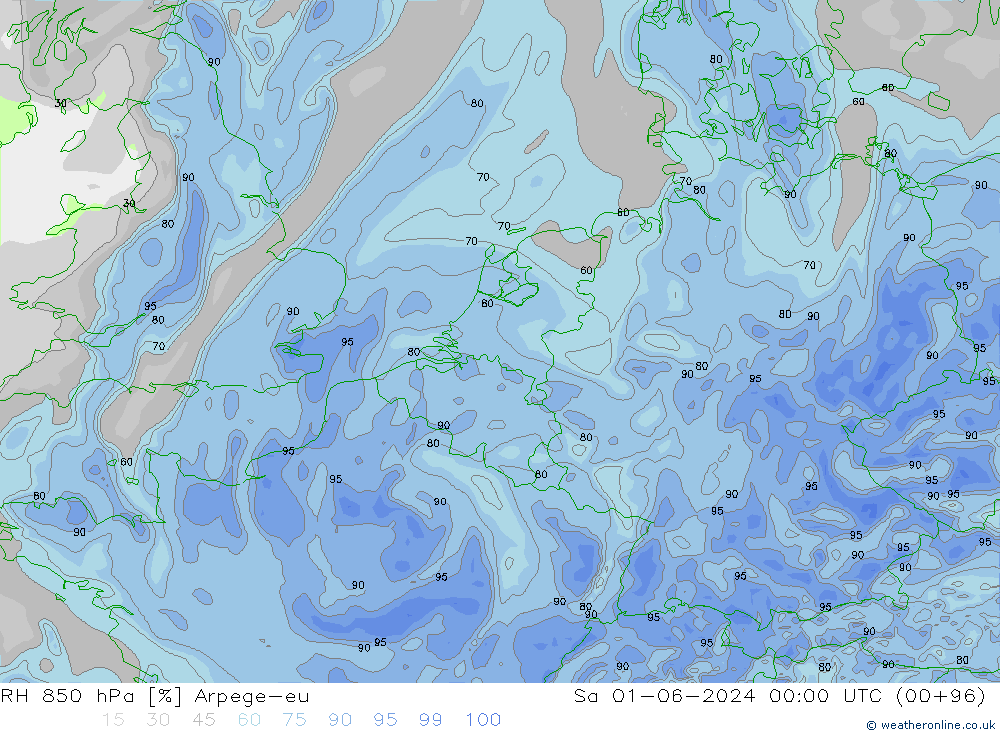 RH 850 hPa Arpege-eu Sa 01.06.2024 00 UTC