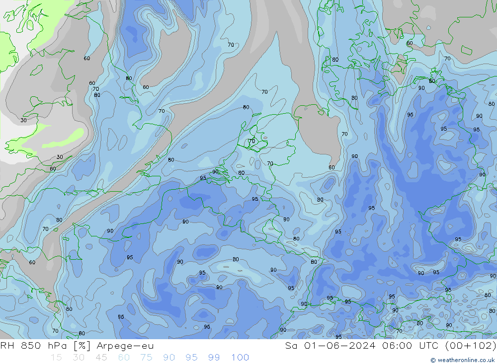 RH 850 hPa Arpege-eu Sa 01.06.2024 06 UTC