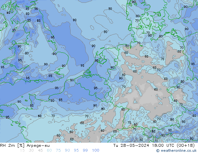 RH 2m Arpege-eu Tu 28.05.2024 18 UTC