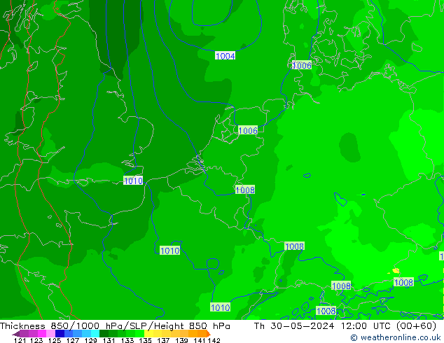 Thck 850-1000 гПа Arpege-eu чт 30.05.2024 12 UTC