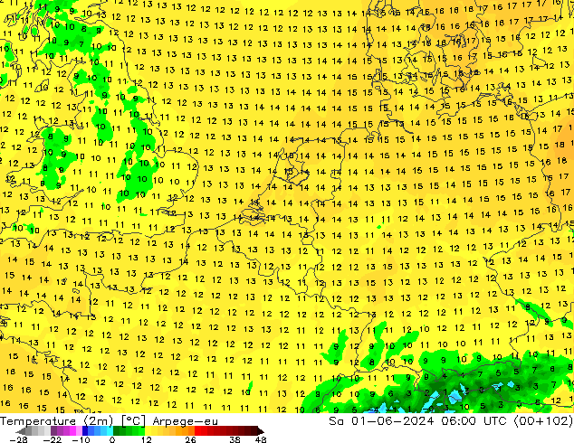 Temperatura (2m) Arpege-eu sáb 01.06.2024 06 UTC