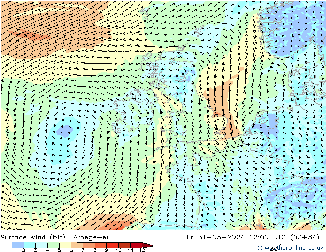 Surface wind (bft) Arpege-eu Fr 31.05.2024 12 UTC