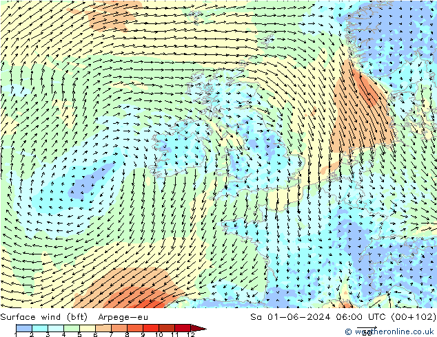 Wind 10 m (bft) Arpege-eu za 01.06.2024 06 UTC