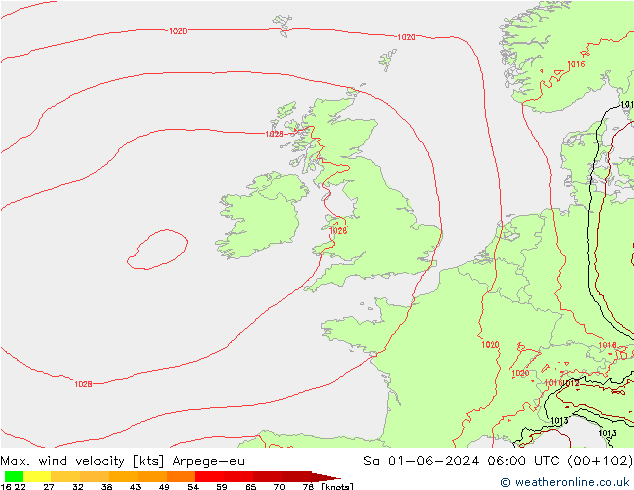 Max. wind velocity Arpege-eu So 01.06.2024 06 UTC