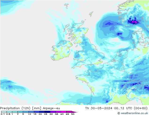 Precipitation (12h) Arpege-eu Čt 30.05.2024 12 UTC