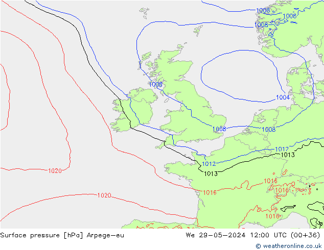 Pressione al suolo Arpege-eu mer 29.05.2024 12 UTC