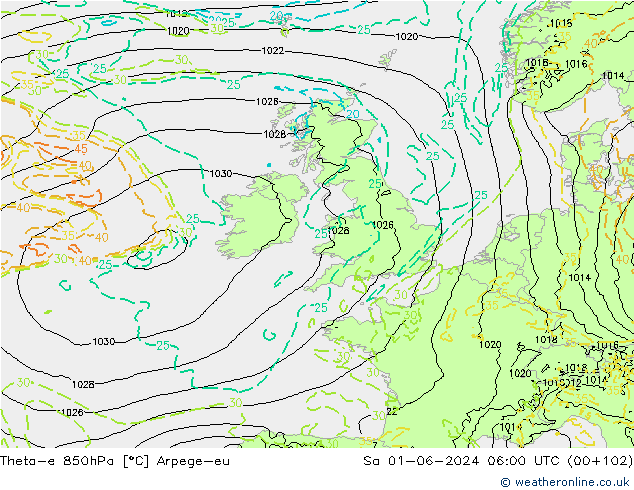 Theta-e 850hPa Arpege-eu sab 01.06.2024 06 UTC