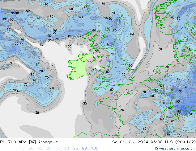 RH 700 hPa Arpege-eu Sáb 01.06.2024 06 UTC