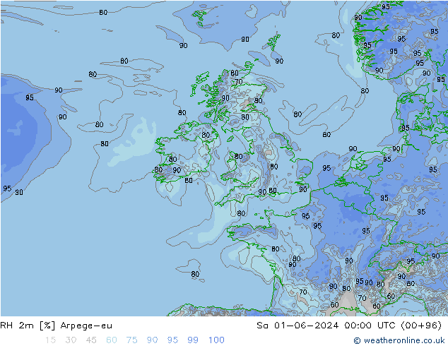 RH 2m Arpege-eu Sa 01.06.2024 00 UTC