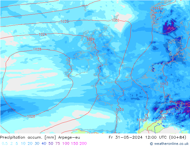 Precipitation accum. Arpege-eu Fr 31.05.2024 12 UTC