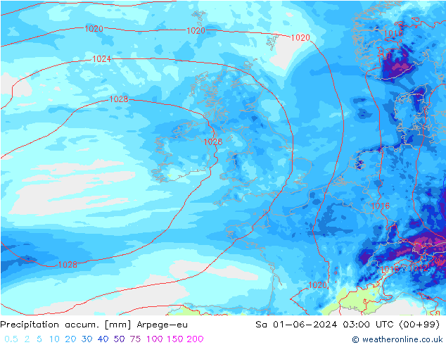 Precipitation accum. Arpege-eu Sáb 01.06.2024 03 UTC