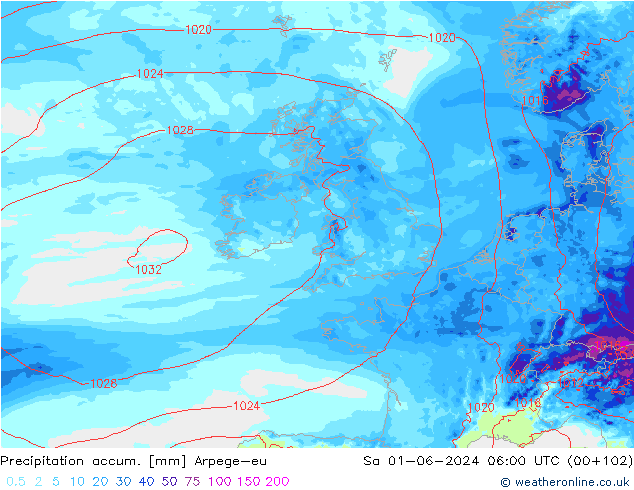 Precipitation accum. Arpege-eu Sa 01.06.2024 06 UTC