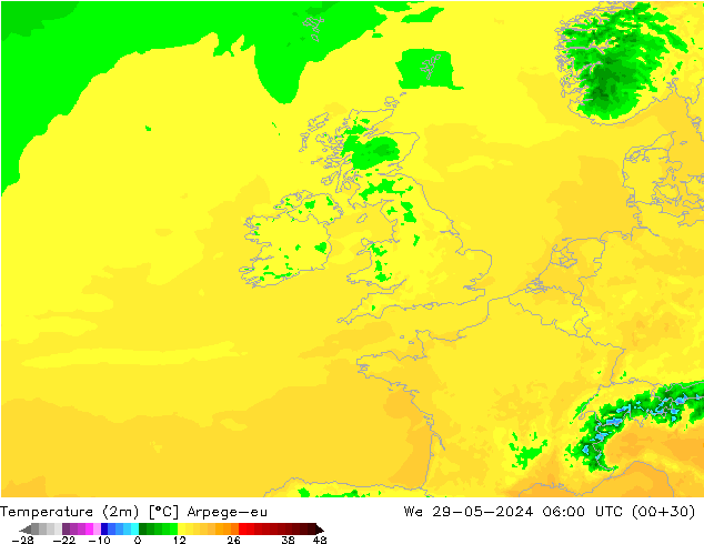 mapa temperatury (2m) Arpege-eu śro. 29.05.2024 06 UTC