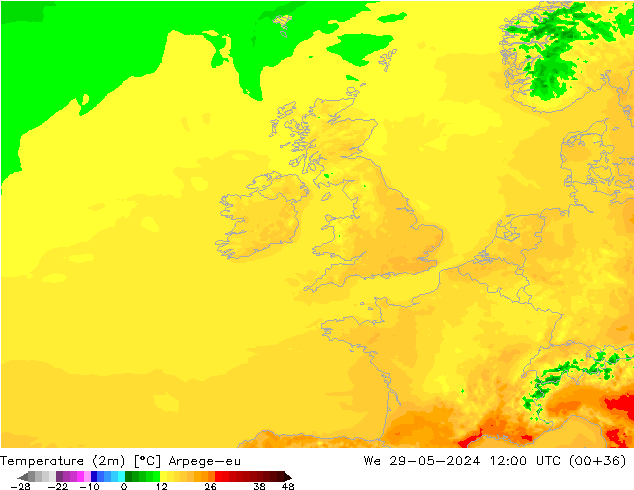 Temperatura (2m) Arpege-eu mer 29.05.2024 12 UTC