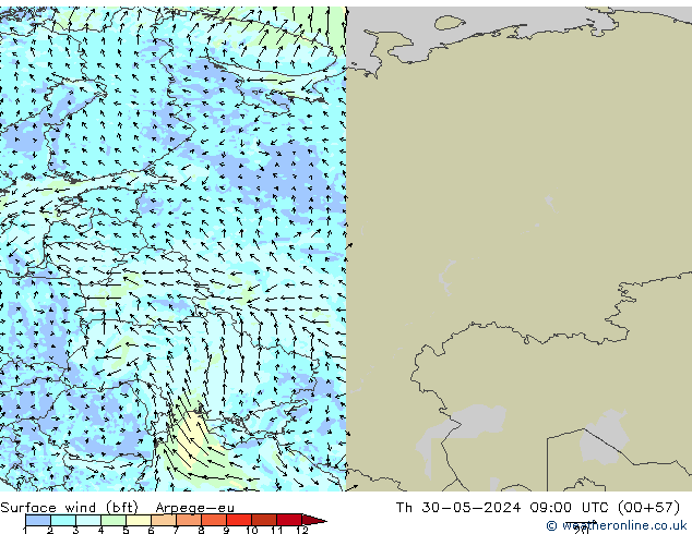 Surface wind (bft) Arpege-eu Čt 30.05.2024 09 UTC