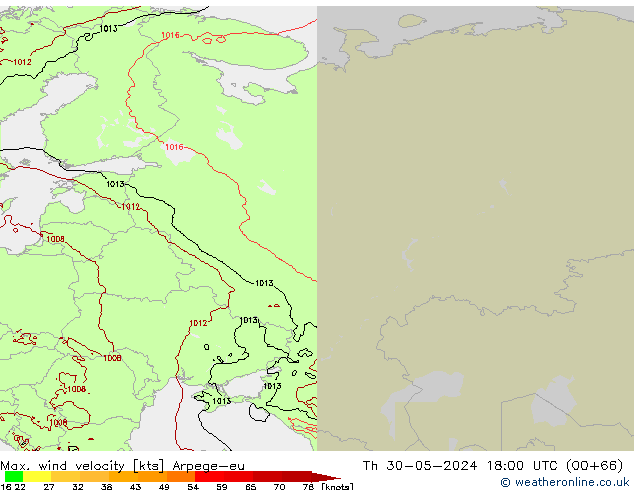 Max. wind velocity Arpege-eu Qui 30.05.2024 18 UTC