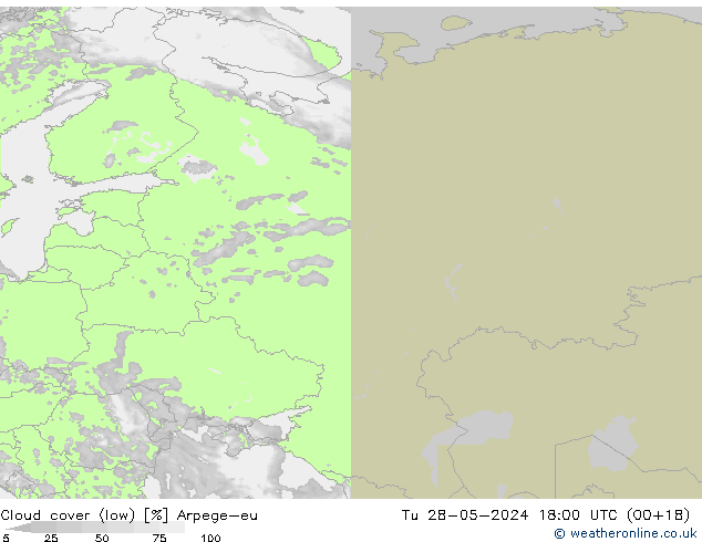 Cloud cover (low) Arpege-eu Tu 28.05.2024 18 UTC