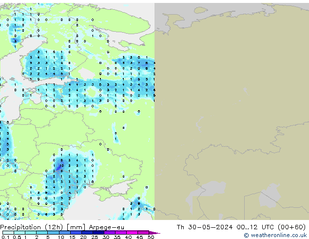 Totale neerslag (12h) Arpege-eu do 30.05.2024 12 UTC