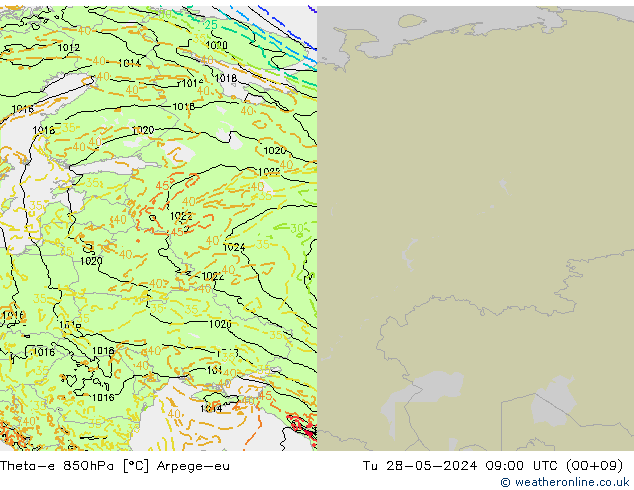 Theta-e 850hPa Arpege-eu Tu 28.05.2024 09 UTC
