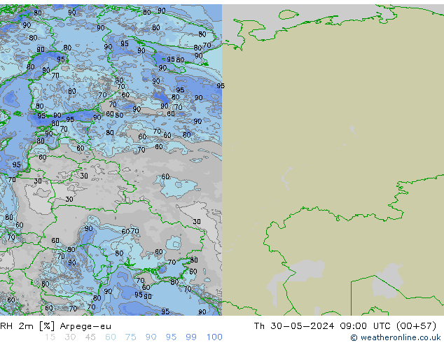 RH 2m Arpege-eu Čt 30.05.2024 09 UTC