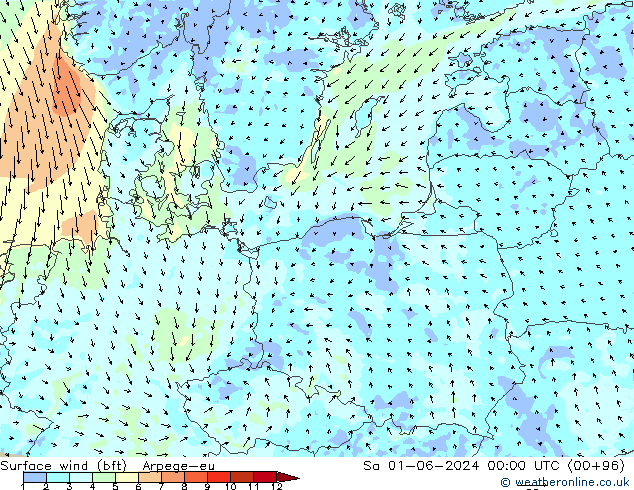 Surface wind (bft) Arpege-eu So 01.06.2024 00 UTC
