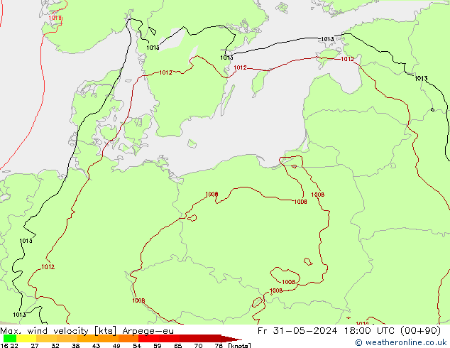 Max. wind velocity Arpege-eu Pá 31.05.2024 18 UTC