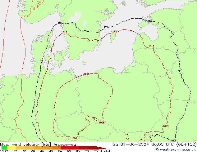 Max. wind velocity Arpege-eu sam 01.06.2024 06 UTC